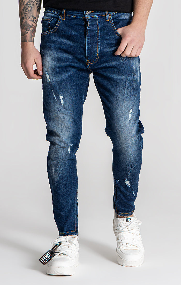 Dark Blue Distressed Zip Jeans