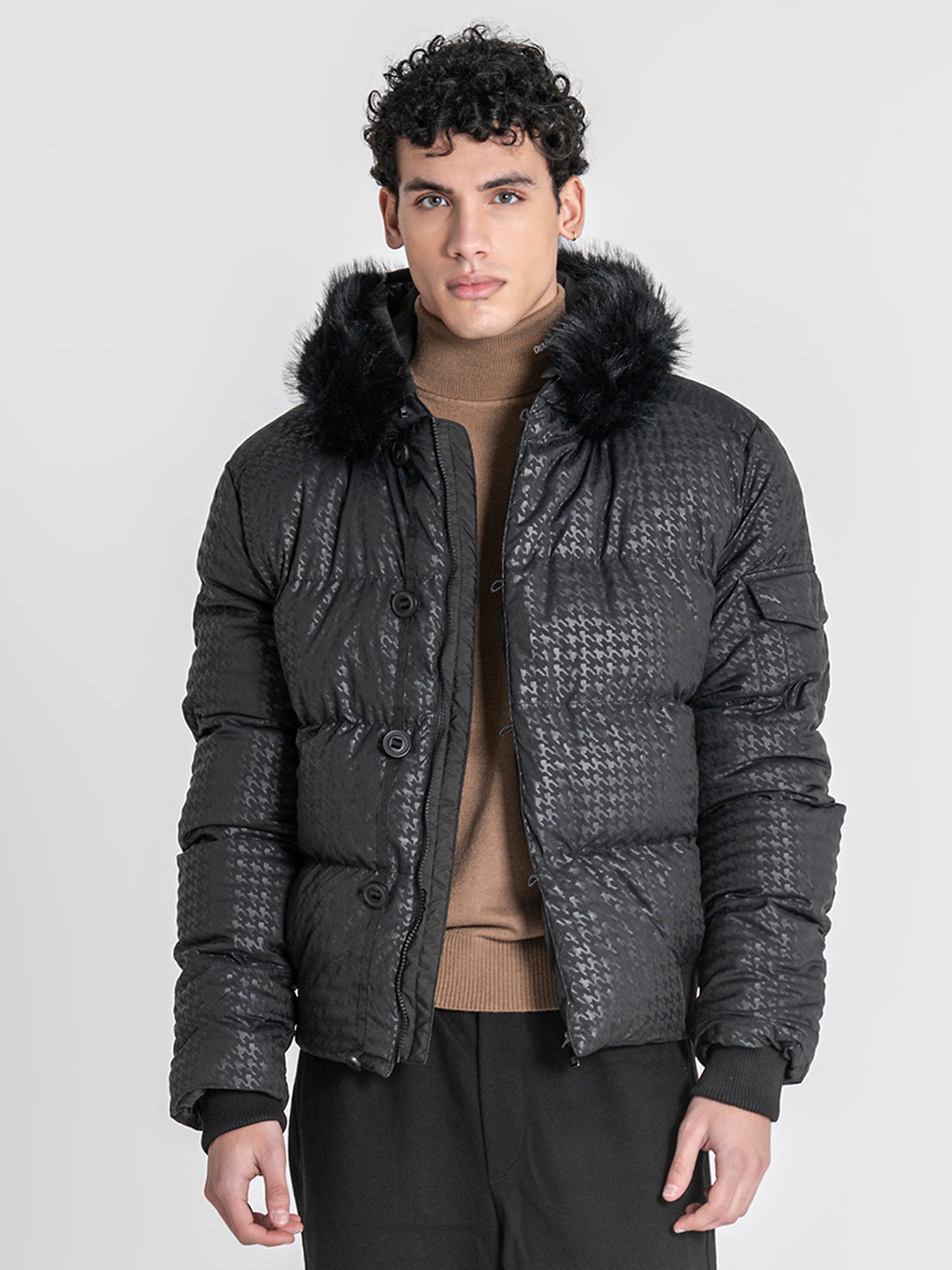 Black Smart Houndstooth Puffer Jacket