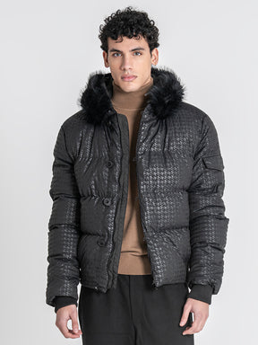 Black Smart Houndstooth Puffer Jacket