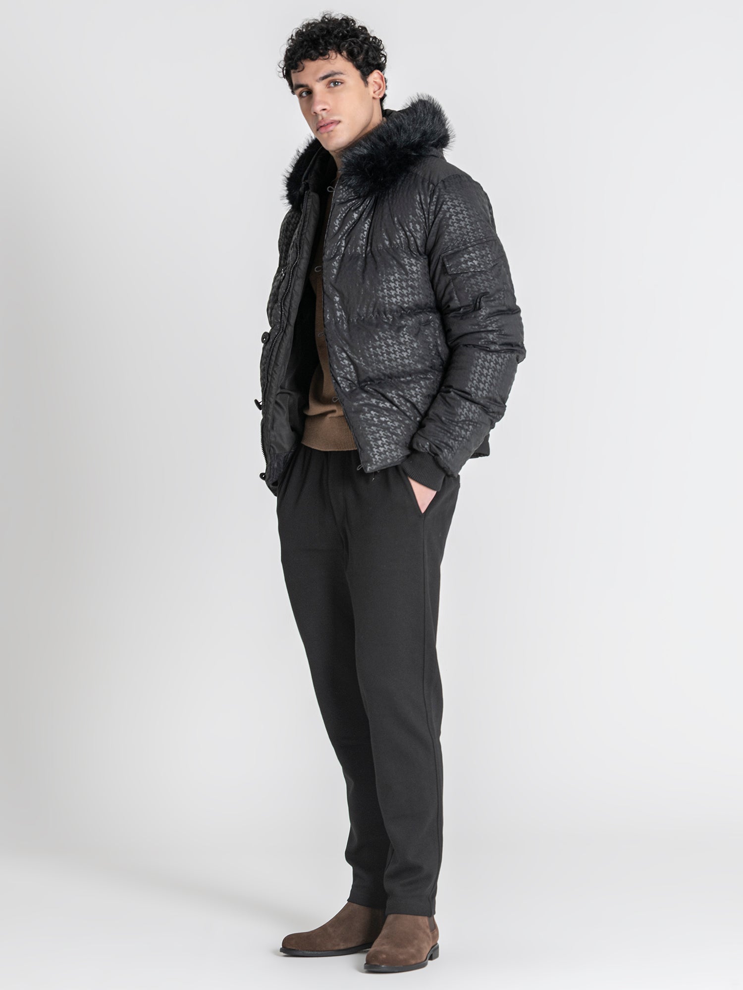 Black Smart Houndstooth Puffer Jacket