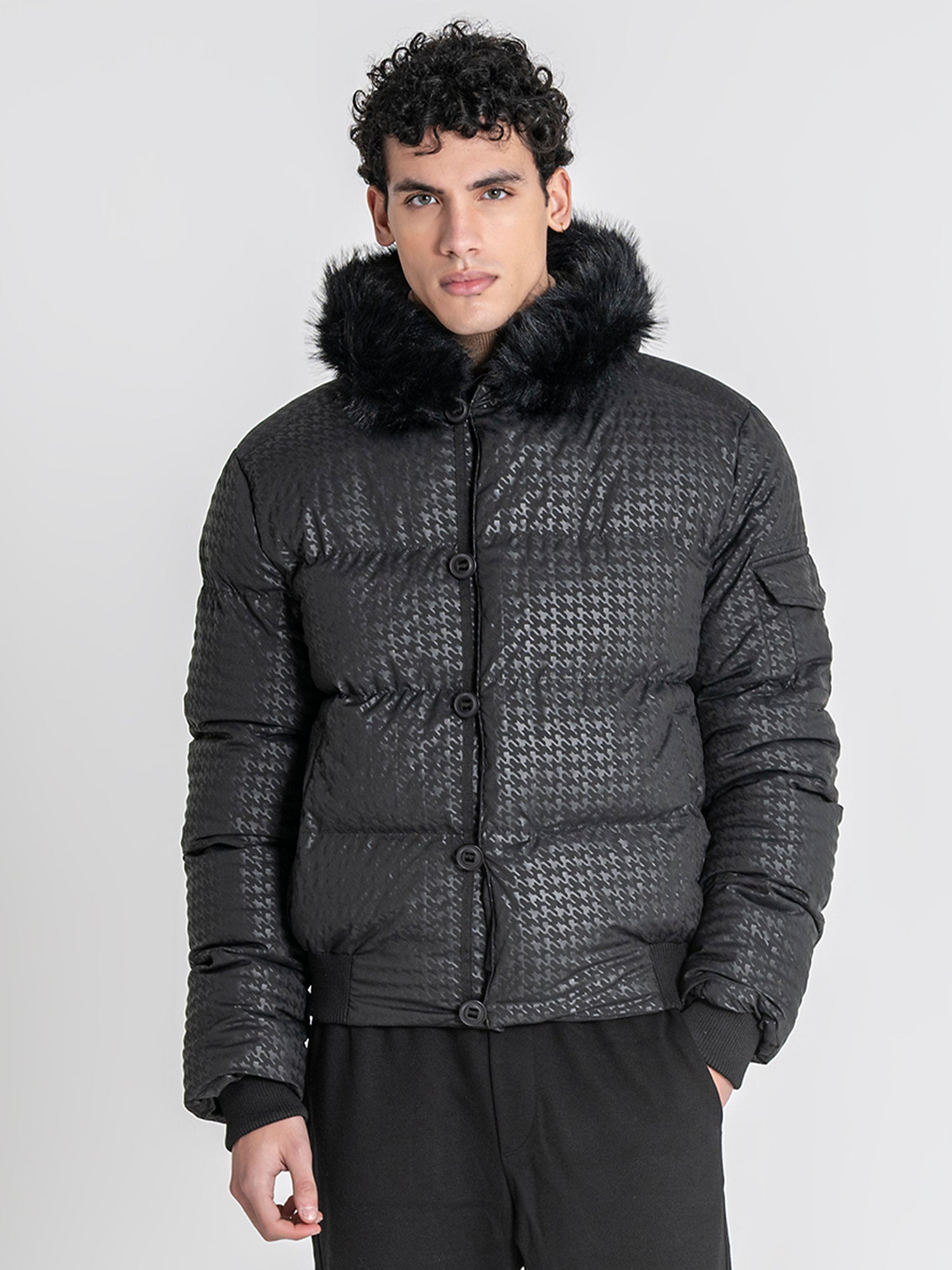 Black Smart Houndstooth Puffer Jacket
