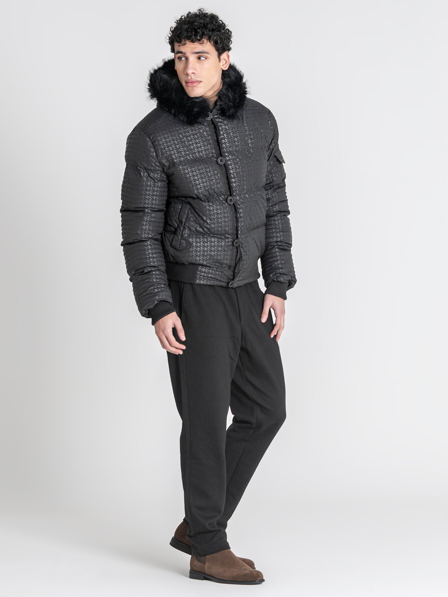 Black Smart Houndstooth Puffer Jacket