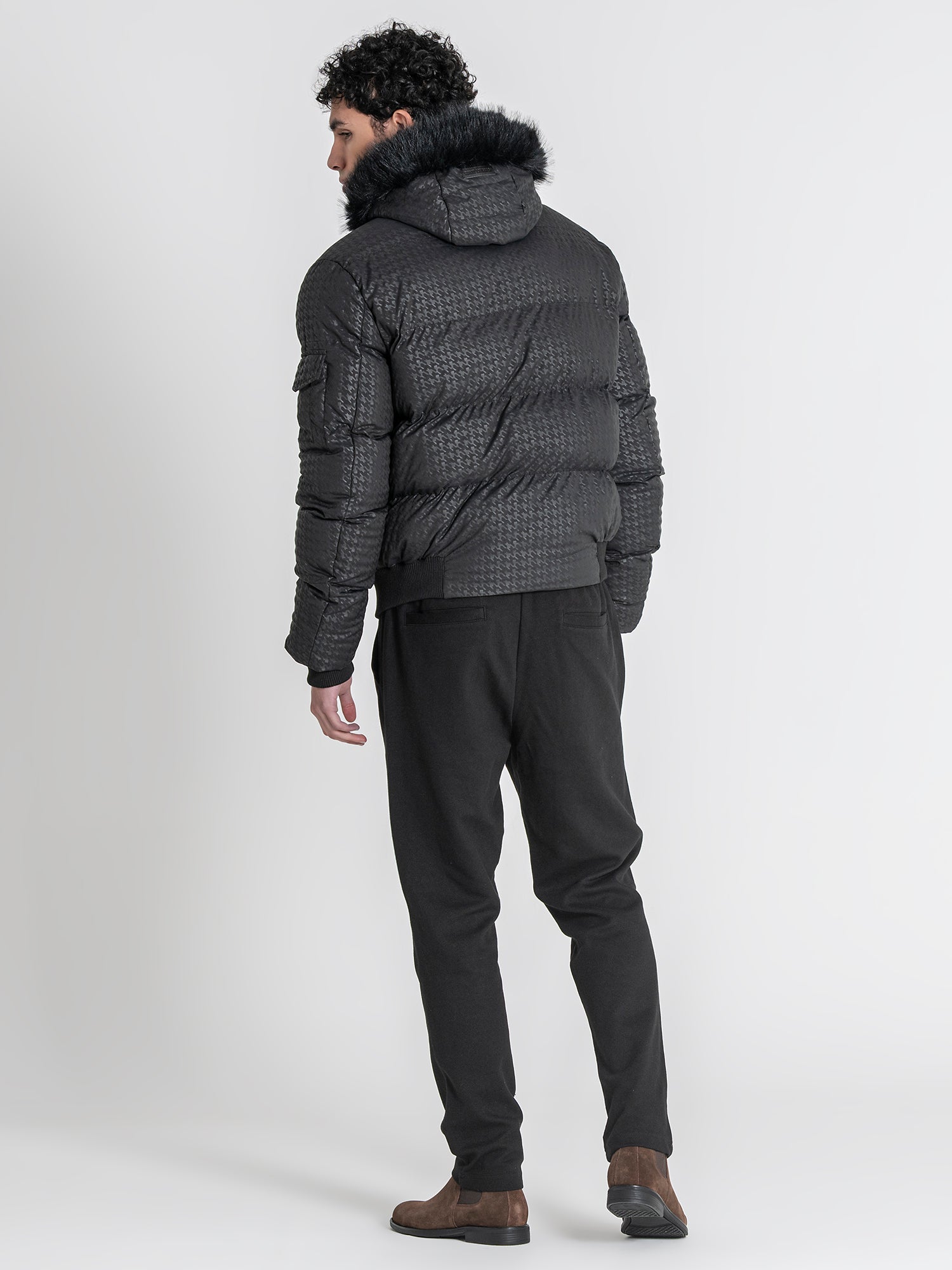 Black Smart Houndstooth Puffer Jacket