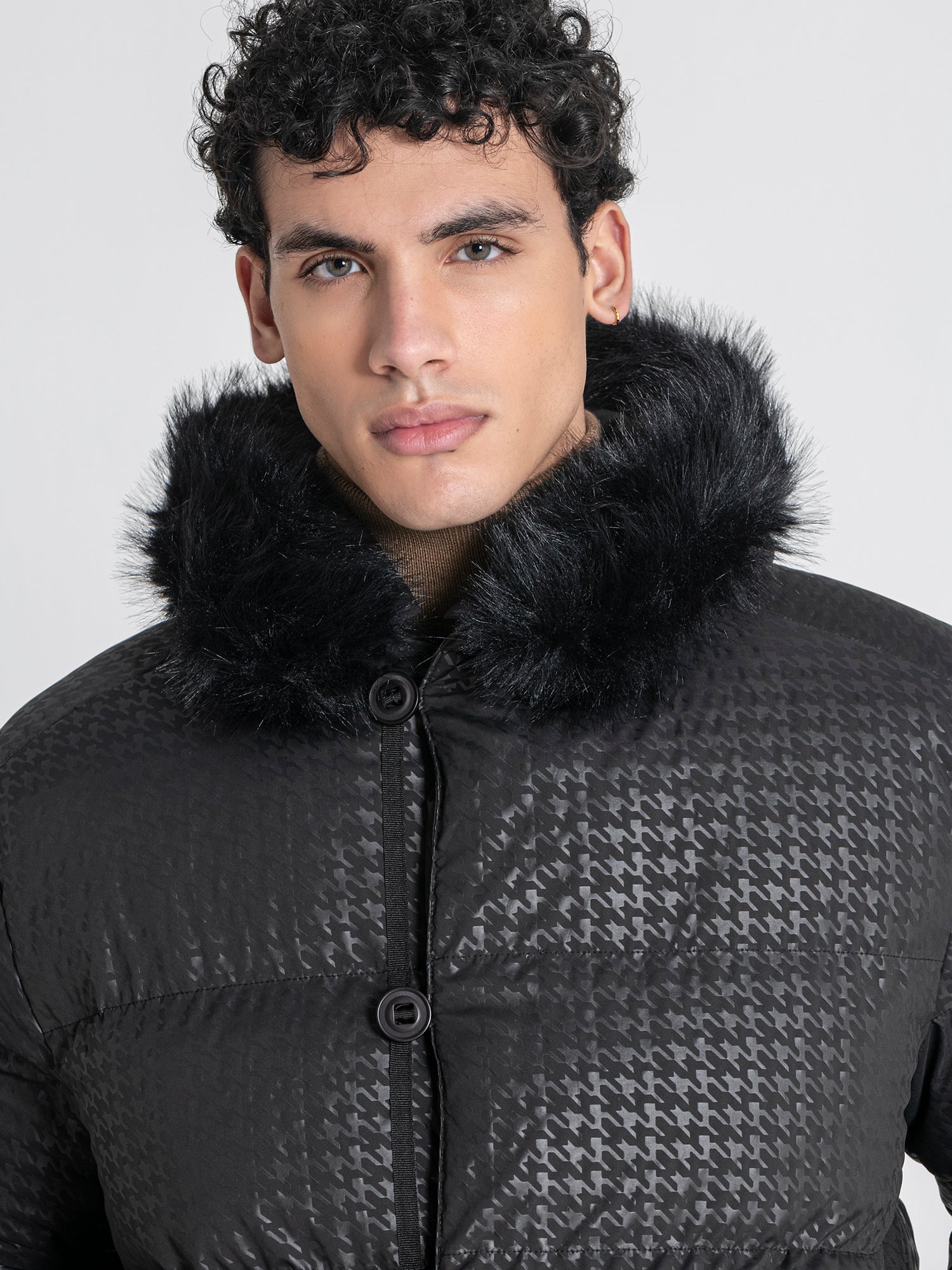 Black Smart Houndstooth Puffer Jacket