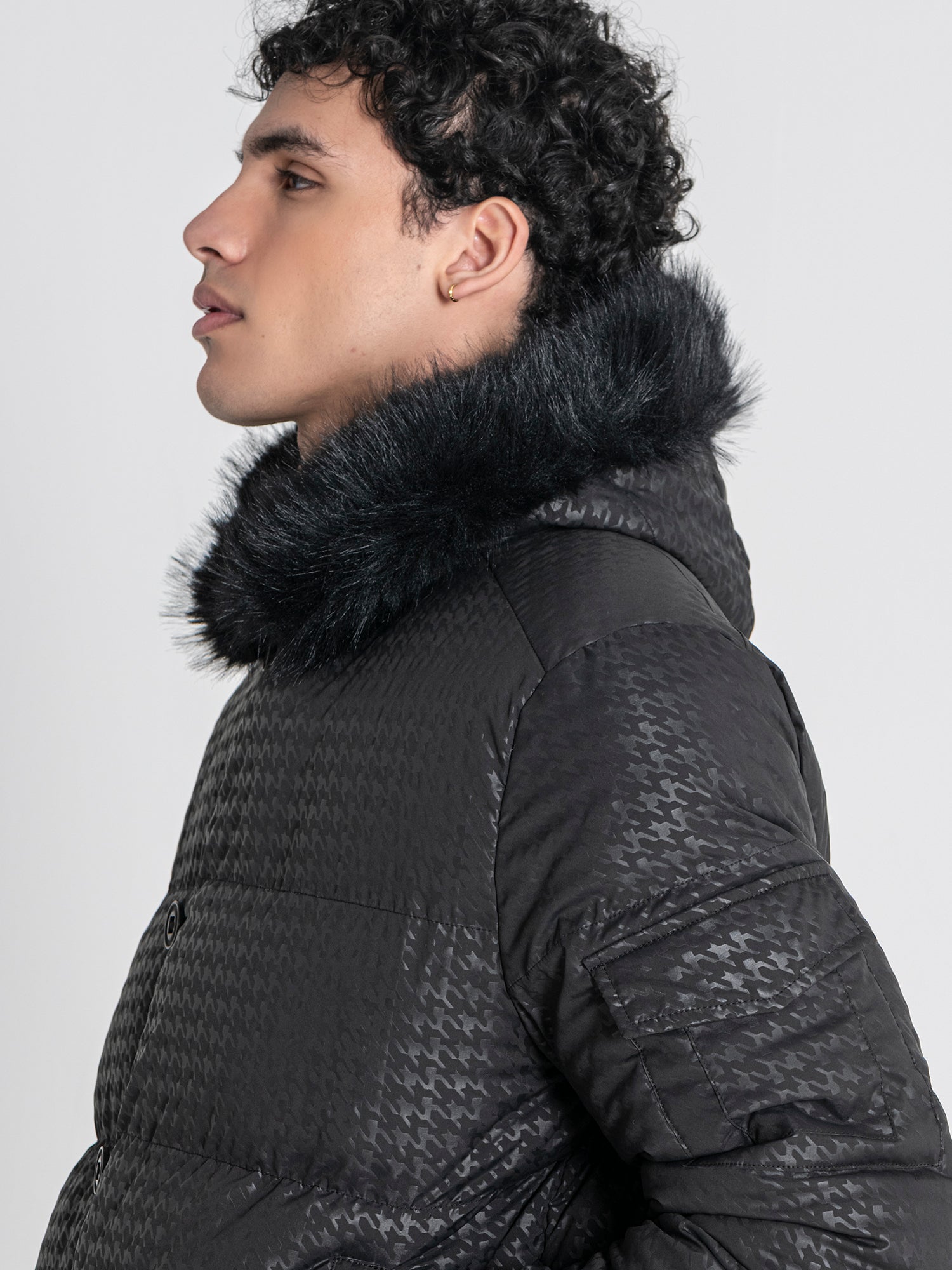 Black Smart Houndstooth Puffer Jacket
